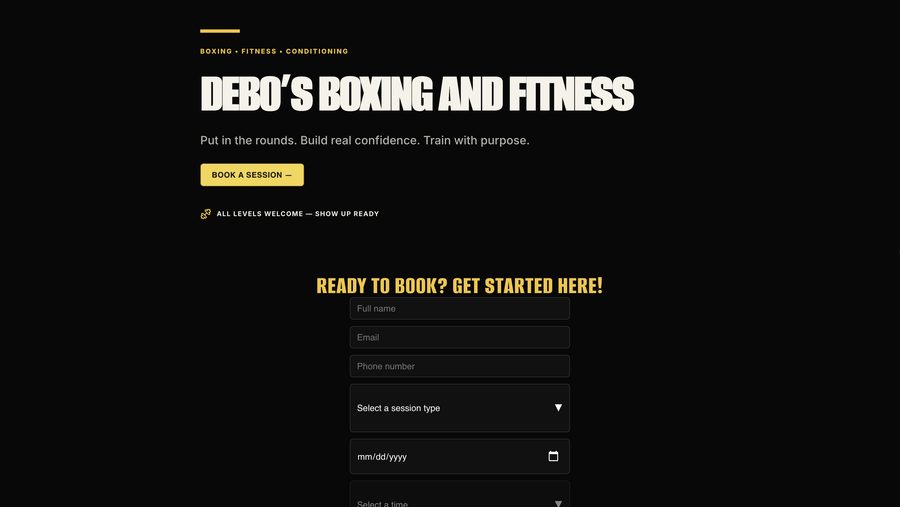 Debo's Boxing and Fitness home page with a session booking form